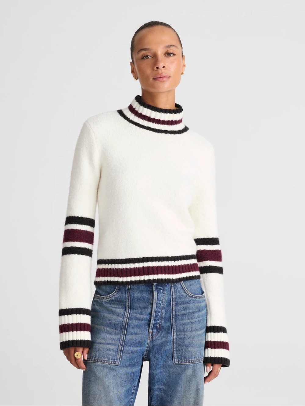 Madewell Ribbed-Trim Mockneck Sweater with Stripes Size XXS